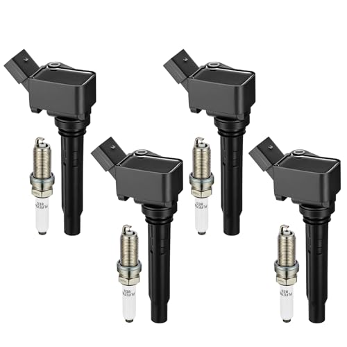 Image of Set of 4 Ignition Coil Pack UF716 and Iridium Spark Plugs LFER7BHX Compatible with Audi A3 A4 A5 A6 TT Q5 Q7 S3 S4 Compatible with Volkswagen Beetle Golf Jetta Passat Replace UF765 UF771