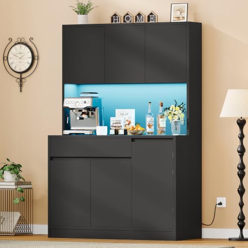 Image of TEENFON Pantry Cabinet with Charging Station and LED Light, Kitchen Pantry Cabinet with Microwave Stand, Kitchen Storage Cabinets with Adjustable Shelves and Door Shelves for Dining Room, Black