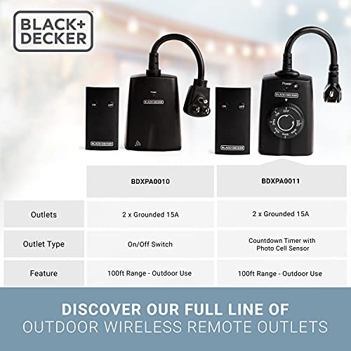 Black+Decker Wireless Outdoor Timer Outlet With Remote, 2 Grounded Outlets, Photocell Sensor #TOP1