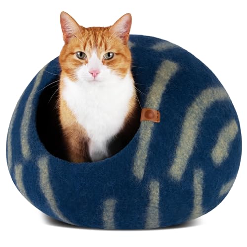 MEOWFIA Cat Cave – Premium Felt Cat Bed for Indoor Cats, Handmade 100% Merino Wool (Medium, Deep Azure)