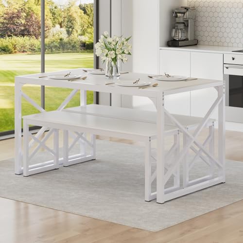 Image of VECELO 55 inch Kitchen Dining Table Set for 4, Heavy-Duty Steel Frame & Wood-Grain Tabletop, Space-Saving Dinette Sets with 2 Benches for Breakfast Nook and Small Space, White