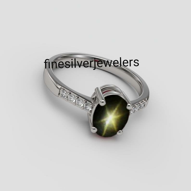 925 Sterling Silver Black Star Sapphire Ring Vintage Art Deco Oval Gemstone Ring Handmade Statement Jewelry for Women