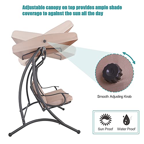 Mfstudio 3 Seat Patio Porch Swing, Outdoor Adjustable Canopy Swing Glider With Removable Cushion For Patio, Garden, Poolside, Balcony, Backyard (Beige) #TOP3