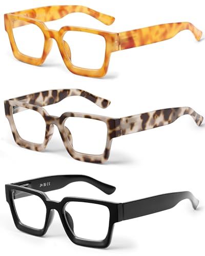 JM Paquete de 3 Gafas de Lectura Cuadrados, Gafas Presbicia con Bloqueo a Luz Azul Para Mujeres y Hombres +1.5