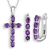 TJC Sterling Silver Cross Necklace Crucifix Pendant and Hoop Earrings for Women in Platinum Plated 925 Silver- Amethyst