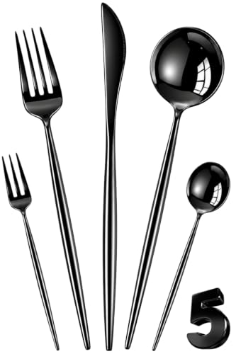 Image of Slim Handle Black 5 Pcs Stainless Steel Cutlery Set for Dining Table, Dishwasher Safe Glossy Flatware (1 Spoon Set+1 Forks Set+1 Butter Knife+1 Dessert Spoon+ 1 Fruit Fork)