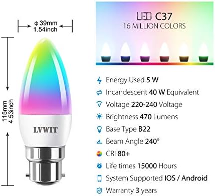 B22 Smart Candle Bulb Bayonet,LVWIT RGB Color B22 Dimmable Candle Bulbs,Music Sync WiFi Bulbs, 470Lm, Compatible with Alexa, Echo and Google Home, Smart Candle Light Bulbs (Pack of 2)