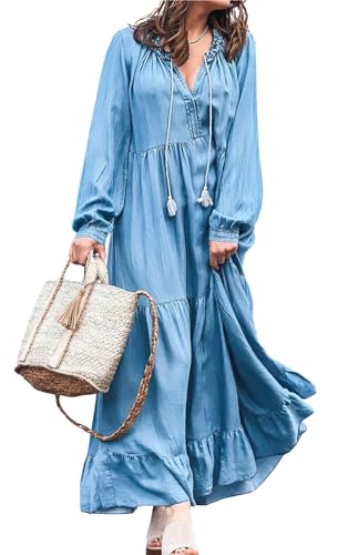 chouyatou Women's Spring Long Sleeeve Tiered Denim Dress Summer Flowy A-Line Maxi Long Tunic Dress