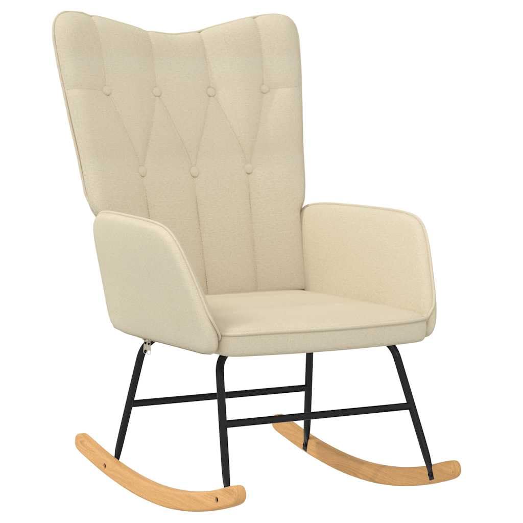 Fotel bujany z taboretem, kremowy, 100% poliester, wymiary 61 x 78 x 98 cm, stalowa rama, drewniane płozy, fotel relaksacyjny do salonu i sypialni