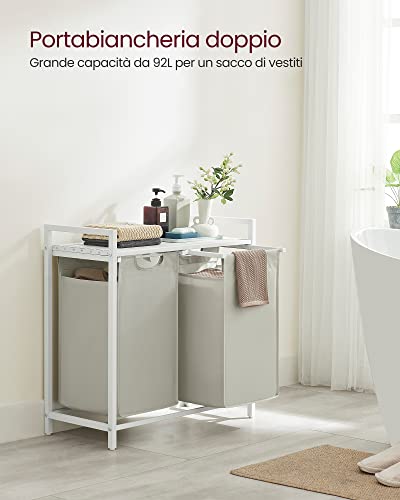 VASAGLE Cesto Portabiancheria, Porta Biancheria, 2 Sacchi in Tessuto Rimovibili, Piano d’Appoggio, Metallo, 2 x 46 L, 73 x 33 x 72 cm, Bianco Crema e Bianco Opaco BLH201W01 - Immagine 2