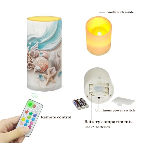 Image of Poceacles Seashell Conch Starfish Flickering Flameless LED Battery Candles Pillar Candles Tealight with 18-Key Timer Remote with Colorful Light Safe for Indoor Outdoor Home Wedding Decor