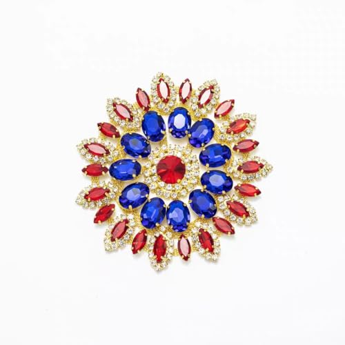 Yulakes Luxury Rhinestone Flowers Applique with Metal Chain Back Platinum Crystal Patch Rhinestone Appliques for sew on Wedding Scarf (Blue+Red)