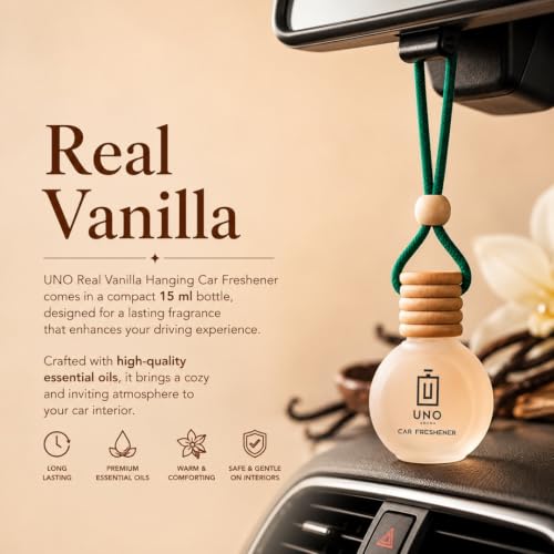 Image of UNO AROMA Vanilla Car Air Freshener, 15ml, Long Lasting Hanging car perfume, Toxin-Free Oil in Glass Bottle with Wooden Diffuser, Car Accessories for fresh aroma, Last Upto-60 Days