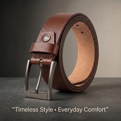 Image of Genuine Leather Belt for Men - Premium Formal & Casual Belt with Metal Buckle - Durable Adjustable Waist Belt for Jeans, Trousers & Office Wear
