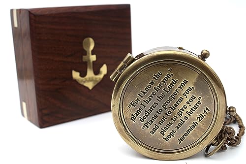 Brújula de latón grabada con estuche de madera miniatura 1