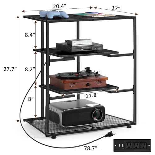 OYEAL 4-Tier AV Media Stand with Power Strips, Media Console Shelf, Audio Rack Tower Corner Entertainment Center Perfect for DVD Players, Game Console, TV Box, Wi-Fi Router, Rustic Black - Image 4