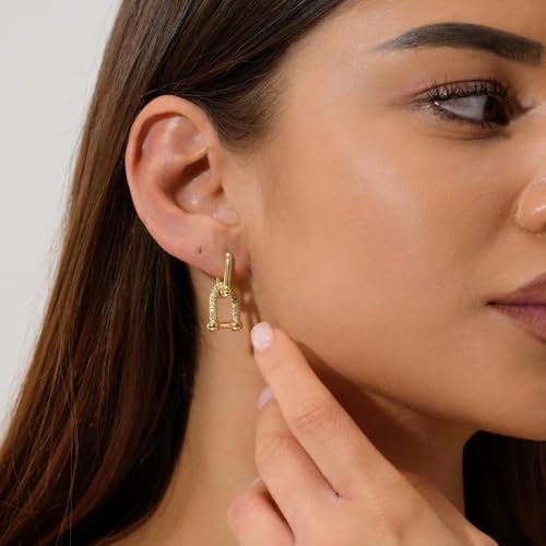14K Gold Plated Convertible Paperclip Link Huggie Hoop Earrings for Women Small ＆Medium Chunky Hoop U Dangle Earrings Trendy Cubic Zirconia Drop Dangle Earring Girlfriend Birthday Jewelry Gift2