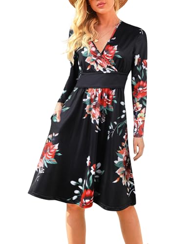 Adigaber Mujer Vestidos Largos de Manga con Cuello en V Vestidos Largos Casuales con Bolsillos