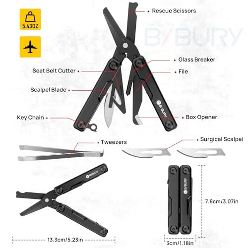 Image of BIBURY Mini Multitool BI2052AB, EDC Multitool Scissors w /Window Breaker, Seat Belt Cutter, Bottle Opener for Outdoor Survival, TSA Approved Keychain Multi-tool Cool Gadget, Gift for Men Women
