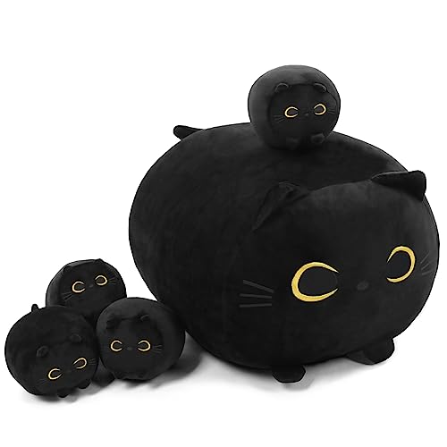 Image of TOYSYM Black Cat Stuffed Animal Mommy Cat Plush Toys with 4 Squishy Baby in Her Tummy Soft Cute Hugging Pillows for Boys and Girls