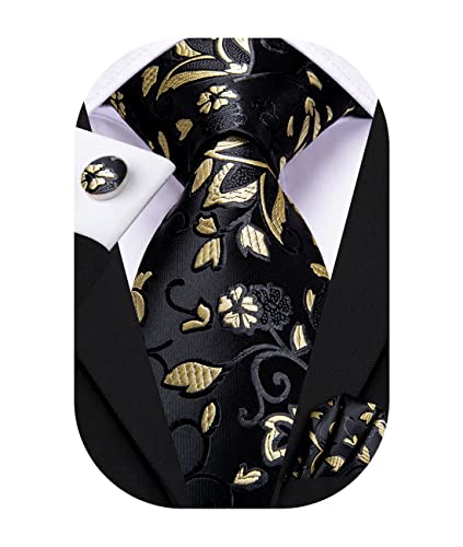 Hi-Tie Black And Yellow Ties For Men Wedding Floral Woven Silk Necktie For Men With Pocket Square And Cufflinks Set Formal Business #TOP30