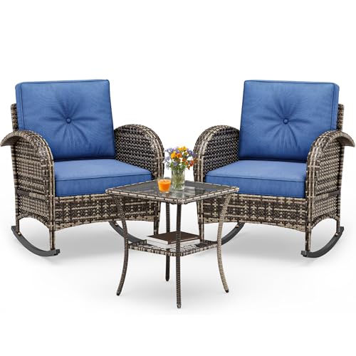 YITAHOME 3-Piece Wicker Rocking Chair Set, Outdoor Patio Furniture Set with Plush Cushions, PE Rattan Bistro Set Including Side Table, Perfect for Garden, Backyard, Porch, and Patio Use, Blu