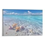 Jubonexis Póster artístico de pared con diseño de estrella de mar con conchas de mar y arena blanca, océano azul, imagen estética para sala de estar, decoración de granja, sin marco, 30 x 45 cm