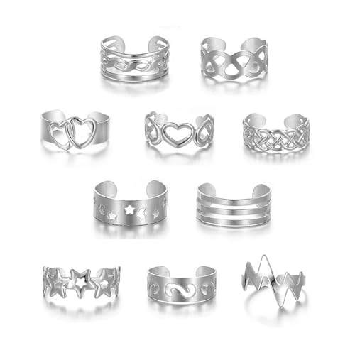 Image of 12PCS Toe Rings for Women 14K Gold /Silver Plated Adjustable Toe Ring Set Open Heart Arrow Infinity Rings Beach Foot Jewelry for Summer