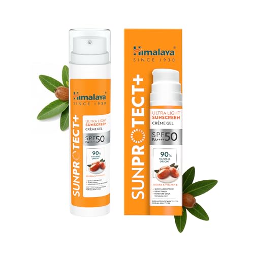 Image of Himalaya Sun Protect+ Ultra Light Sunscreen | Creme Gel | 90% Natural Origin Ingredients | In vivo tested SPF 50 PA++++ | Dermatologically tested for all skin types | No white cast | Sweat Resistant | 50g