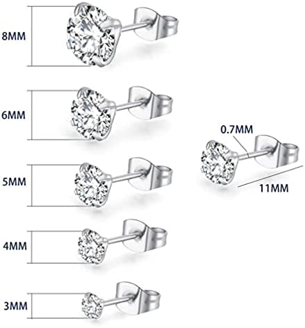 Silver Stud Earrings for Women,6 Pairs Cubic Zirconia Stud Earrings Set,Small Sleeper Cartilage Studs ,Size3/4/5/6/7/8mm