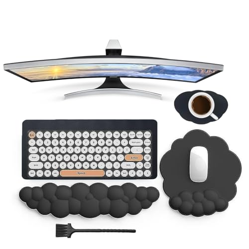 HTT GLOBAL Cloud Wrist Rest Set with Mouse Mat, Keyboard Mat, Brush & Cup Coaster, Keyboard Wrist Rest Palm Rest for Pain Relief, Non-Slip Arm Rest for Desk, Desk Wrist Support for Typing (5Pcs)