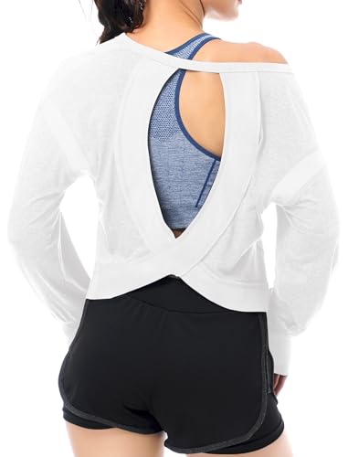 EYZH Women's Open Back Workout Top - Long Sleeve Yoga Crop Top with Thumb Holes, Breathable Athletic Shirt