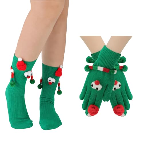 Partideal Weihnachtshandschuhe und Magnet Weihnachtssocken, Lustige 3D Socken Handschuhe, Weihnachtsgeschenke für Frauen Männer (Grün)
