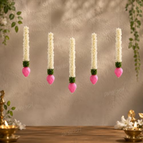 Image of Divyakosh Garlands for Home Decoration, Lotus Hangings (Pack of 5 Latkan, Size 14 Inch Each) | Offwhite Fabric & Solawood Lotus Buds | Flower Garlands for Home Decoration |
