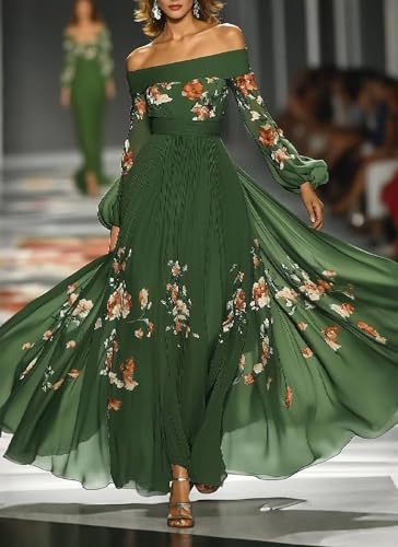 Women's Green Off-Shoulder Floral Print Long Sleeve Slim Fit A-Line Maxi Dress with Pleats Elegant Party Summer Dress2