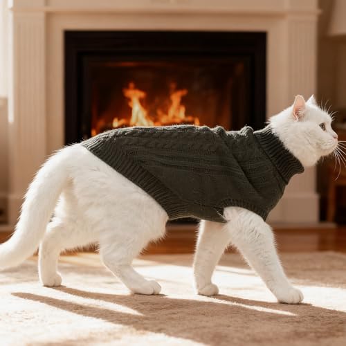 BINGPET Cat Sweater,Thermal Knitted Kitten Clothes Winter Coat,Classic Knit Turtleneck Cat Sweaters for Cats Only,Warm Pet Clothes for Kittens & Small Dogs Puppy Boy Girl Indoor Outdoor(Grey,S)