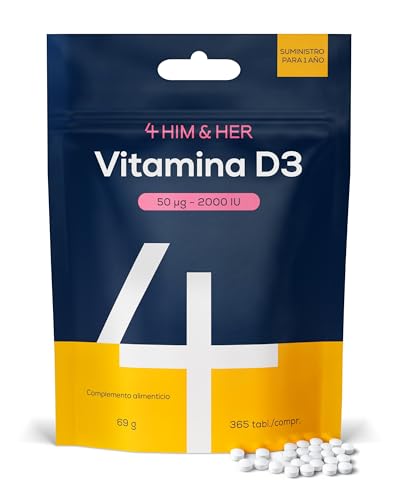 Vitamina D3 2000 UI (50µg) – 365 Comprimidos (Suministro 1 Año) – Suplemento para Sistema Inmunitario y Huesos – Fabricado en Europa – 4 HIM & HER