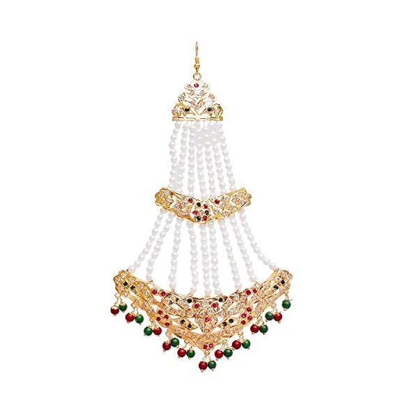Lucky Jewellery Jhumar Passa Kundan White Pearl Jhoomar Maang Tika for Women Magenta Green Stone Multi Layered Pearl Chapka Jhumar Maang (Mang) Tikka(Tika) (660-CKN-C193-RG)