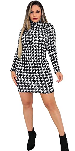 Vestido Midi Feminino Canelado Manga Longa Gola Alta (UNICO, PIED POULE)