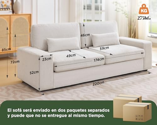LUXOAK 220 cm Sofa, 59 cm Tiefe Sitzfläche, 3-Sitzer Couch mit Breiten Armlehnen, einfach zu montierendes Sofa für Wohnzimmer, Schlafzimmer oder Spielzimmer, Beige Chenille – Bild 3