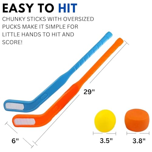 Kids Floor Hockey Stick Bulk Set - 29\" Youth Indoor Toys Sports Starter Set with Large Plastic Pucks and Balls for Toddlers, Children (6 Pack)