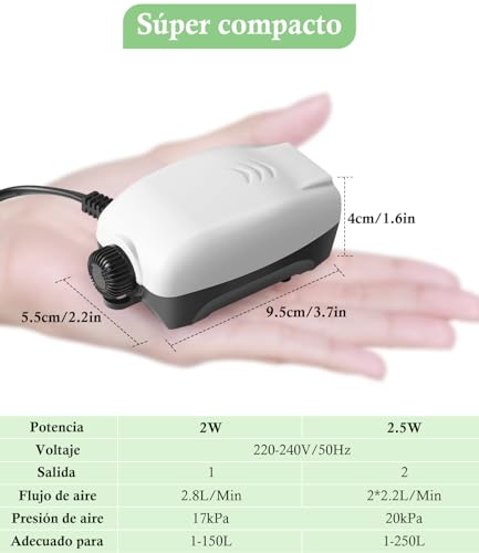 Miniatura 2 de Fedour Ultra Silenciosa Bomba De Aire Para Acuario, 2w 2.5w Bomba De Oxigenador Ajustable Para Pecera, Aireador Silencioso Para Acuarios De 1-250l