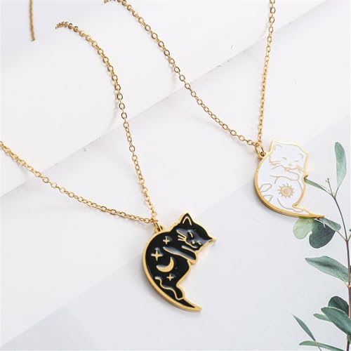 Image of Charm Stainless Steel Black White Cat Necklace 2Pcs Matching Couple Pendant BFF Jewelry Gift for Women