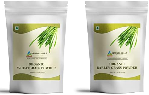 HERBAL HILLS Organic Wheatgrass and Barley Grass Powder Green Superfood Combo (Pack of 2) Each 32oz