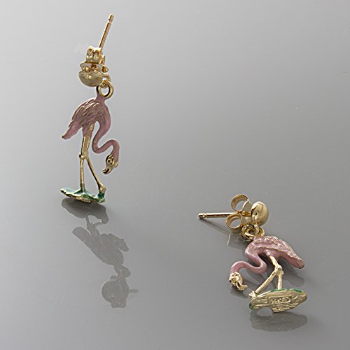 Million Charms 14K Yellow Gold With Pink Enamel Nautical Dangle Earring, 3-D Pink Flamingo #TOP3