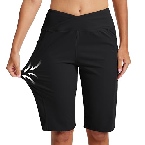 Image of MoFiz Gym Shorts Womens Shorts Knee Length High Waisted Leggings with Pockets Summer Short Black L