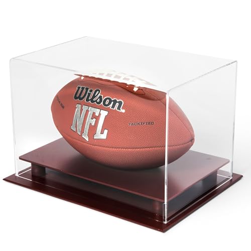 DECOMIL - Football Display Case Holder, Football Case, UV Protection No Assembly, Reinforced Design, Solid Wood Base - Cherry Color
