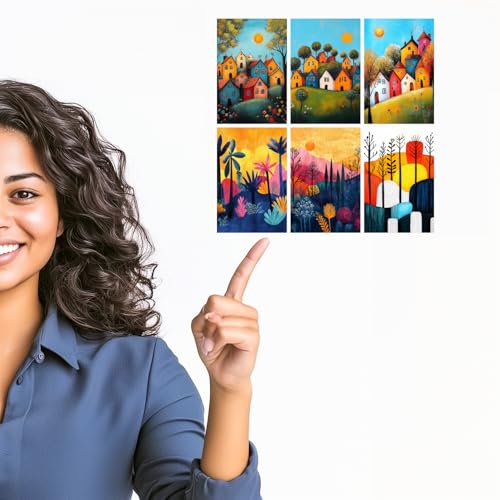Image of SiddArtify Colorful Village Wall Art Prints Set - Whimsical Landscape Poster Decor for Living Room Bedroom Office - Set of 2-4x6 Inch - Board (Pack of 6) - Sticker (Pack of 6)