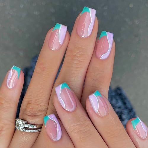 Square Press on Nails Short Fake Nails for Women French Tip with Pink Blue Line Curved Design, Full Cover Acrylic Nails Artificial Reusable Glue on Nails, Stick on Nails for Girls Manicure 24Pcs…
