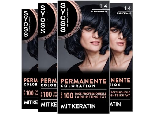 SYOSS Coloración 1_4 azul negro (4 x 115 ml), coloración permanente con queratina que proporciona hasta 100 días de intensidad de color profesional, cobertura de canas 100 %